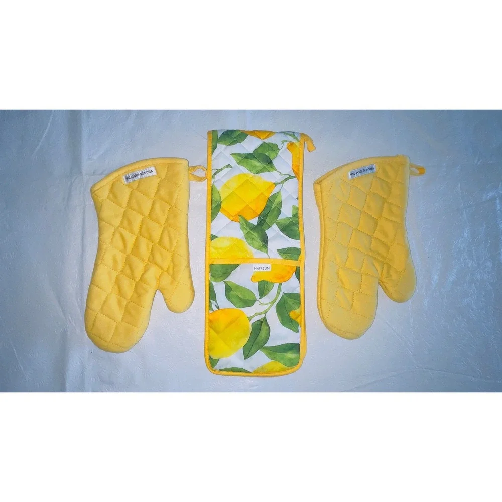 2 Williams-Sonoma Yellow Oven Mitts & 1 Lemon Print Double Pot Holder Towel USA